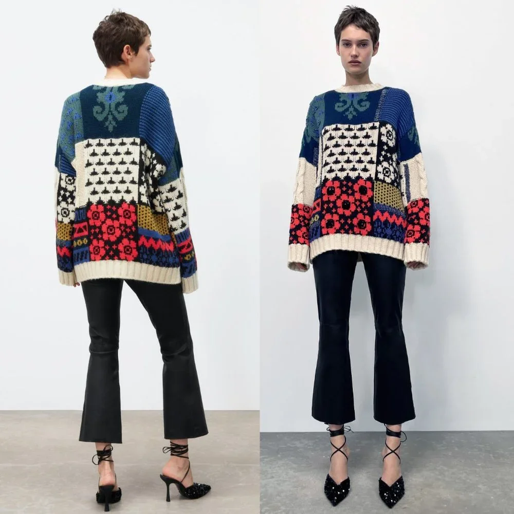 NEW Zara Patchwork Wool Blend Beaded Applique Oversize Limited Edition Sweater M - Picture 5 of 16